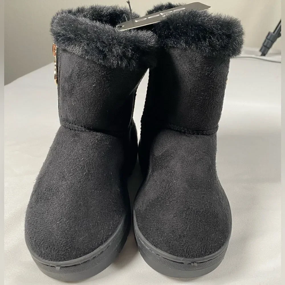 NWT Bebe Little Girls Black Faux Fur Lined Trendy Boots Gold Accents - Size 12